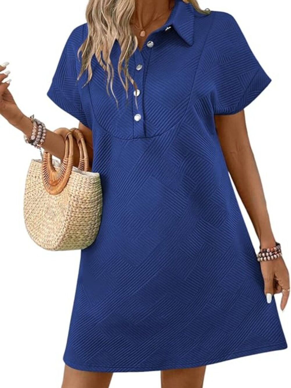 Acelitt Womens LG Dress w/Pockets Short Sleeve Button Polo Collar A-Line